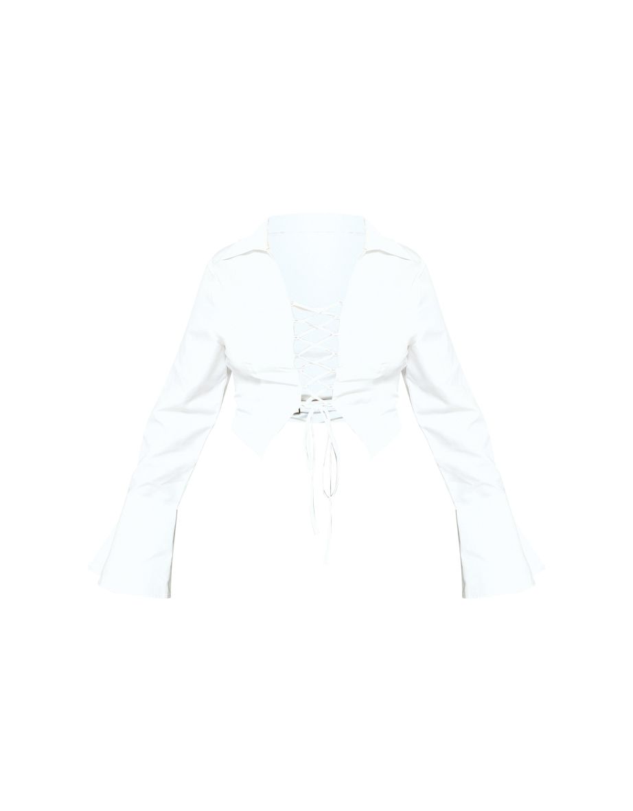 Plus White Flared Sleeve Lace Up Shirt - 4