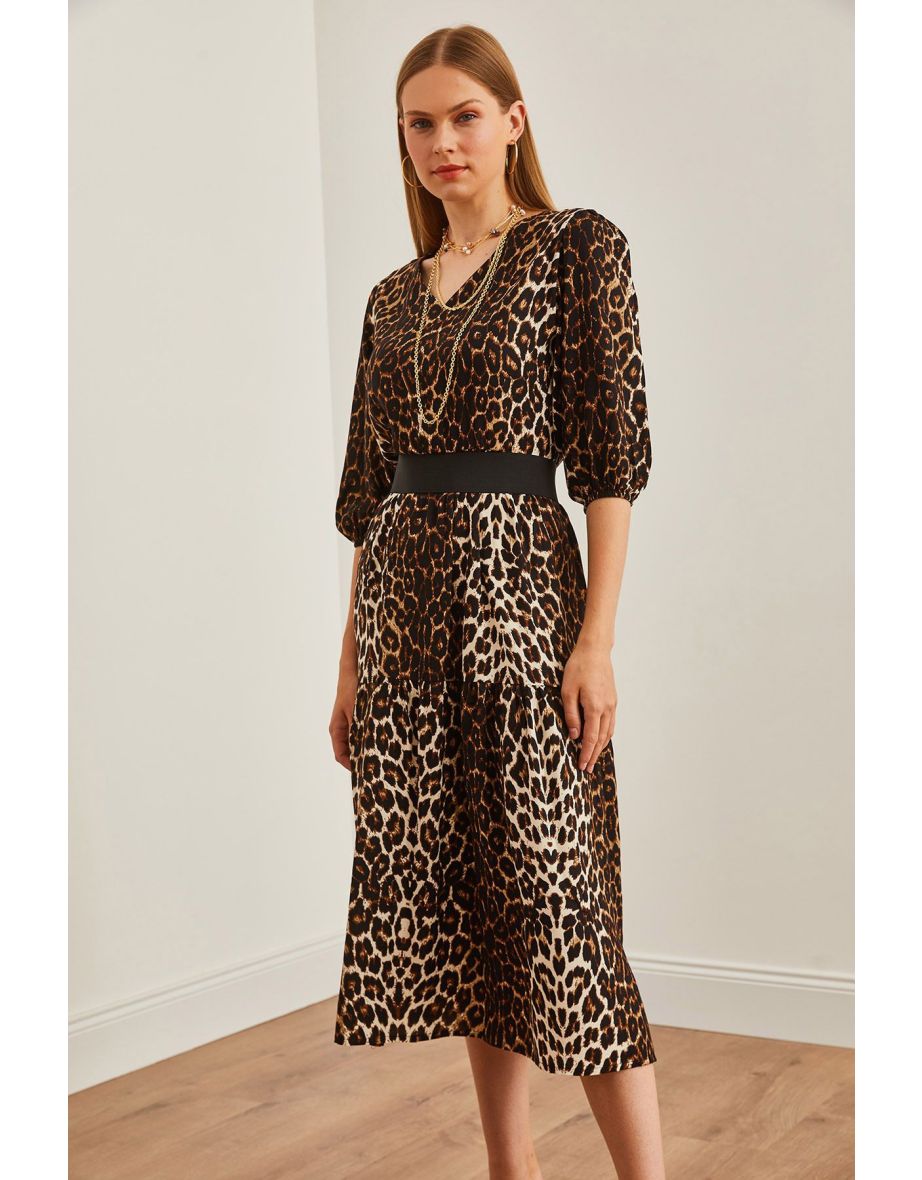 Women's Leopard Black V-neck Elastic Waist Midi Woven Viscose Dress ELB-19002222 - 5