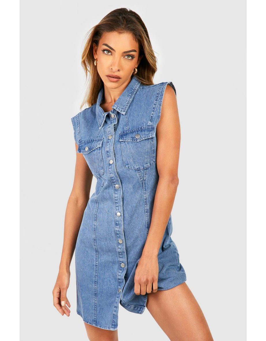 Sleeveless Western Denim Dress - light blue