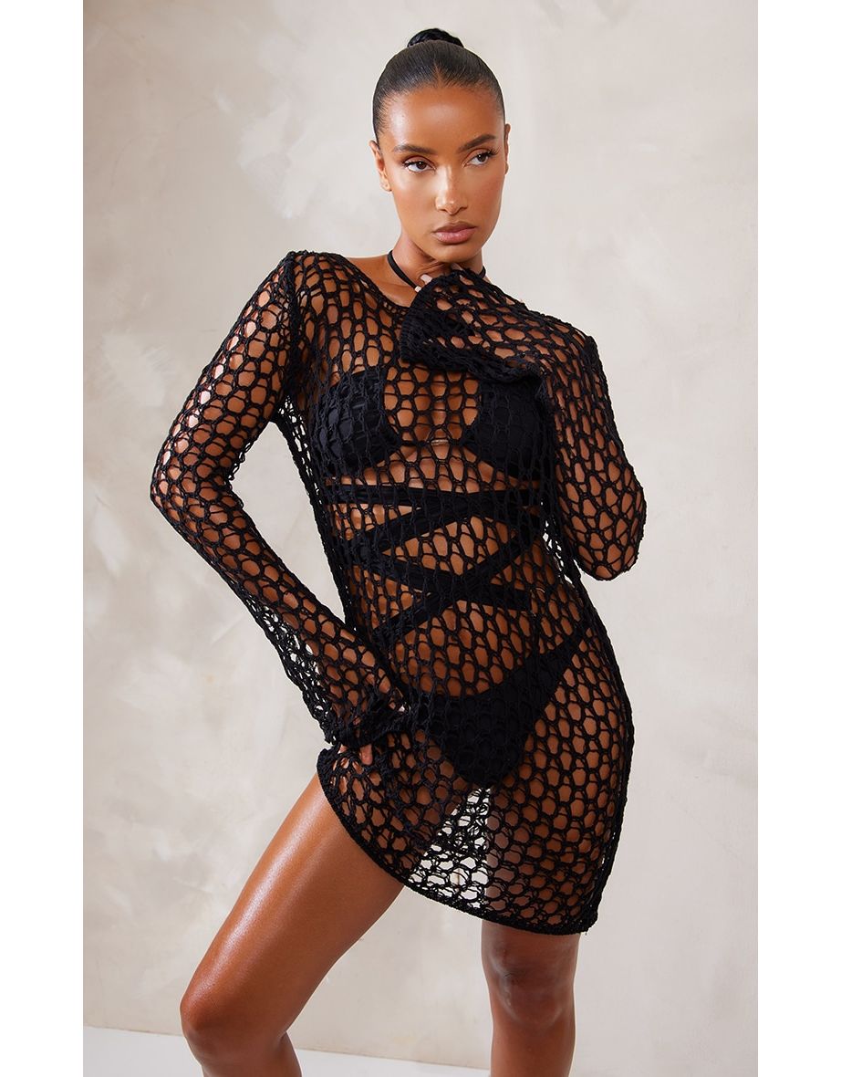 Black Long Sleeve Crochet Floaty Mini Dress