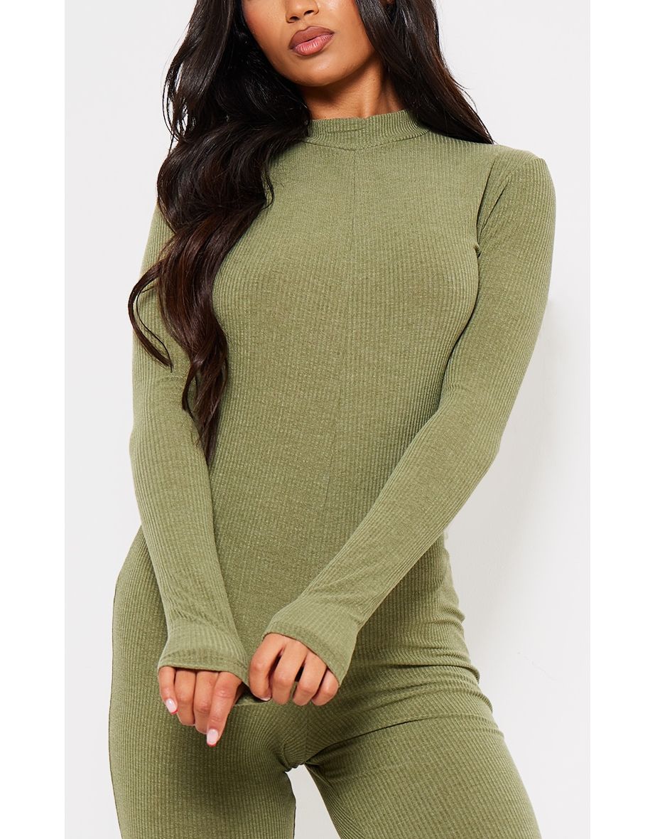 Khaki Ribbed High Neck Zip Long Sleeve Jumpsuit - 3