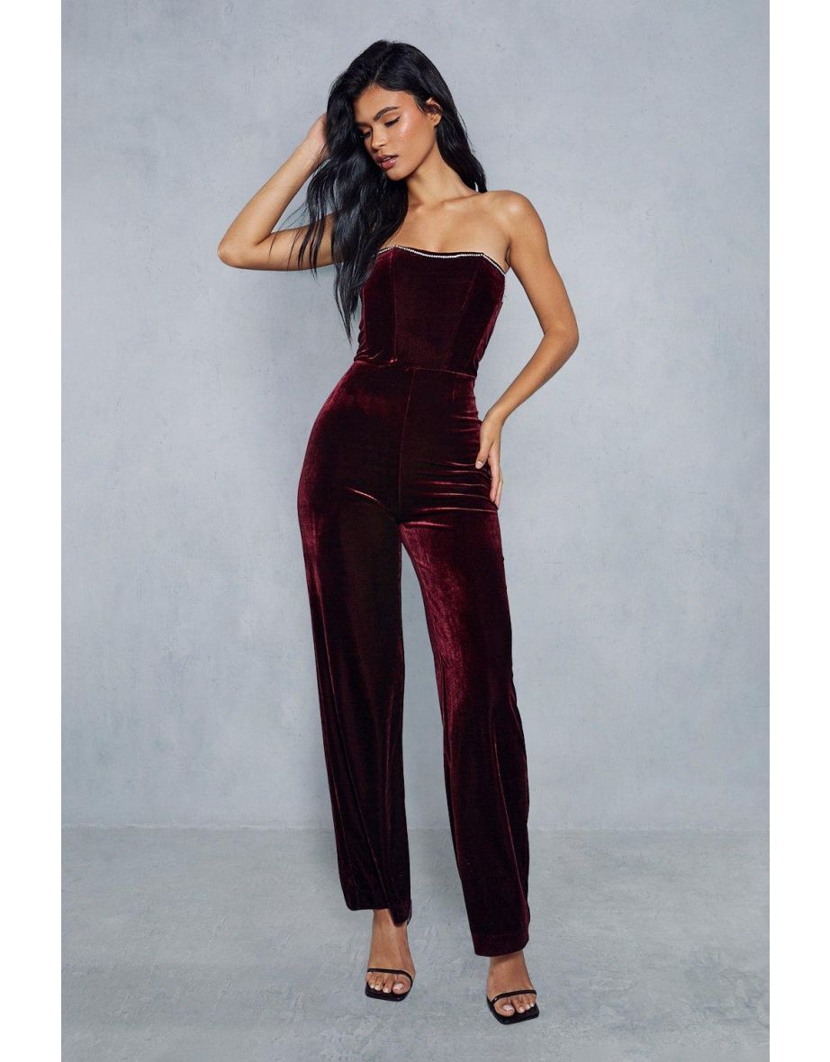 Velvet Diamante Trim Bandeau Straight Leg Jumpsuit - 3