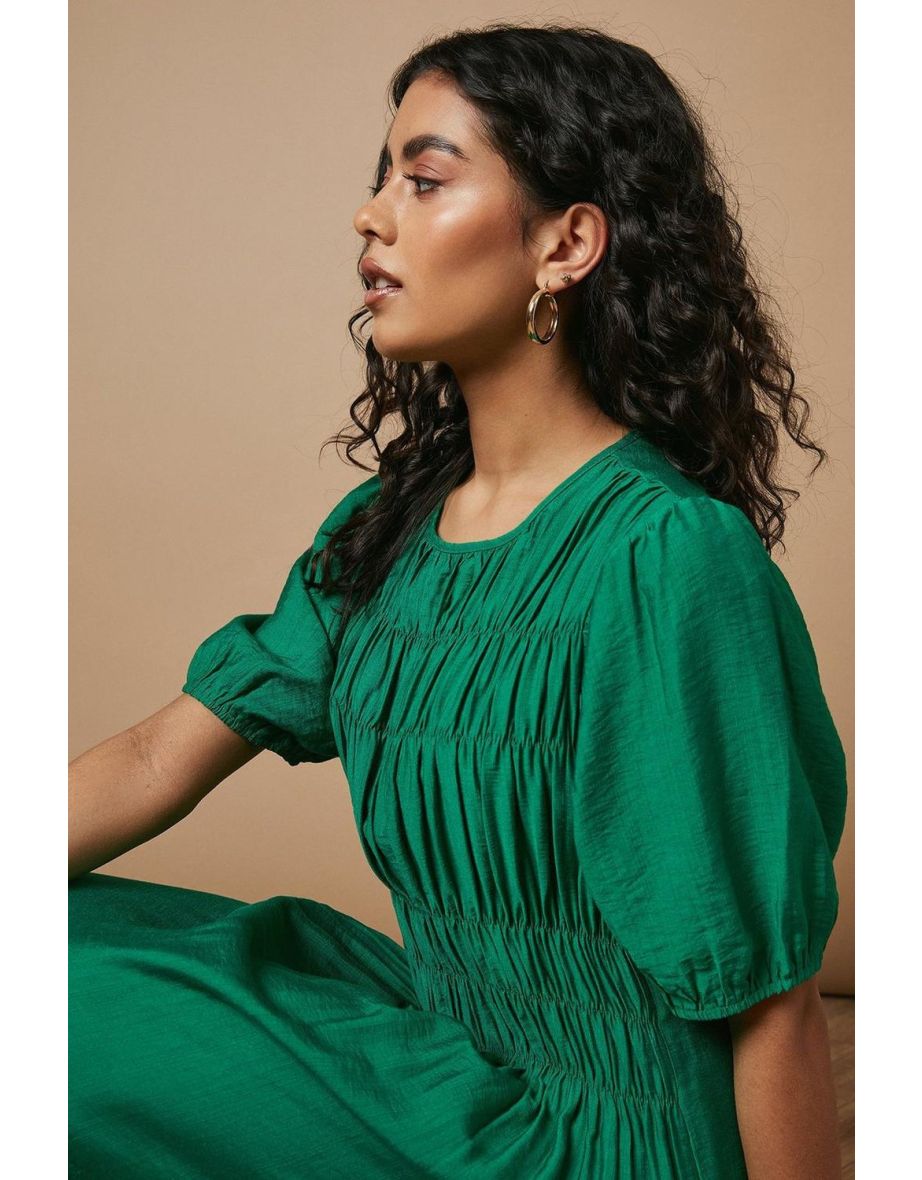 Petite Shirred Bodice Puff Sleeve Midi Dress - 3