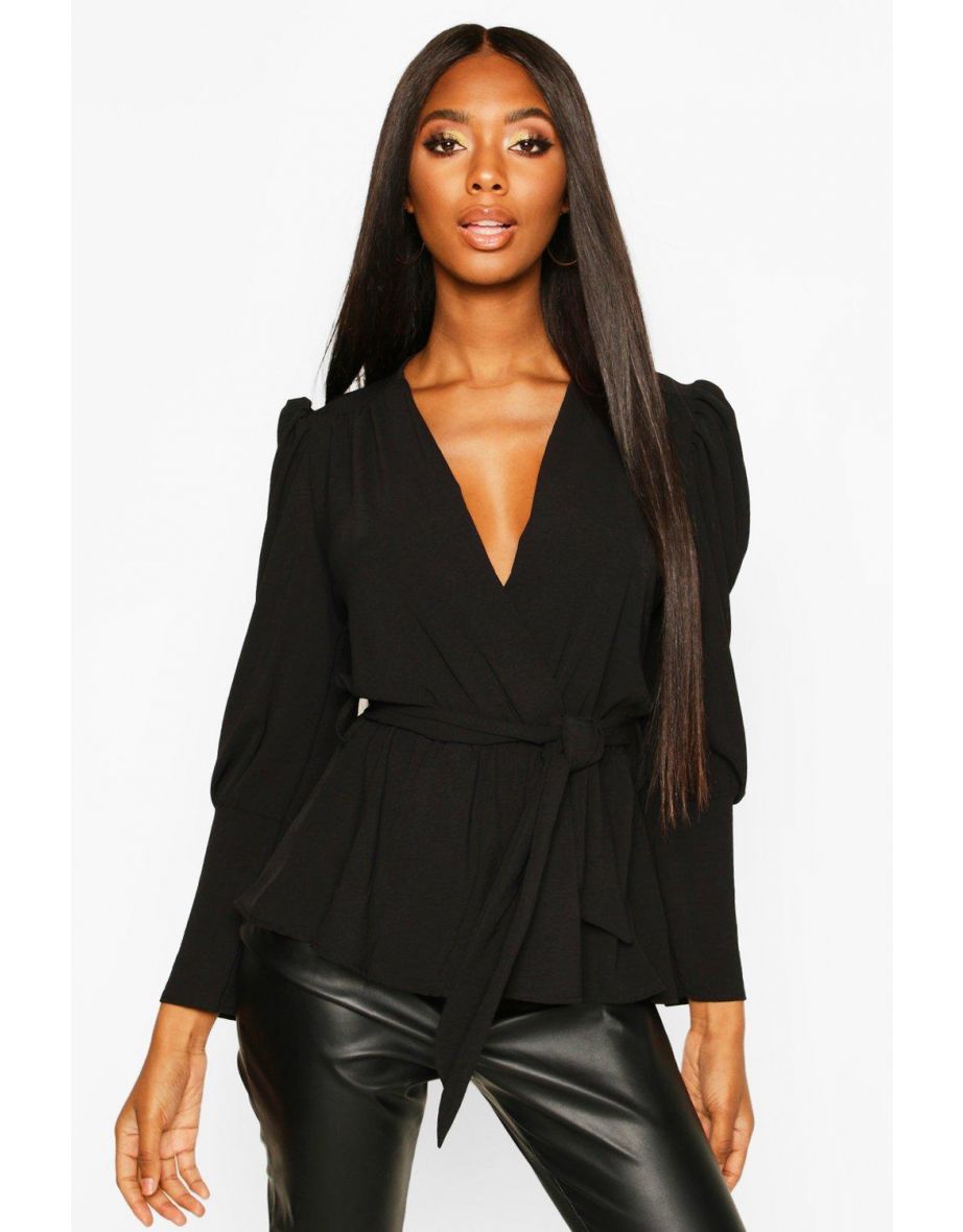 Puff Sleeve Wrap Blouse - black