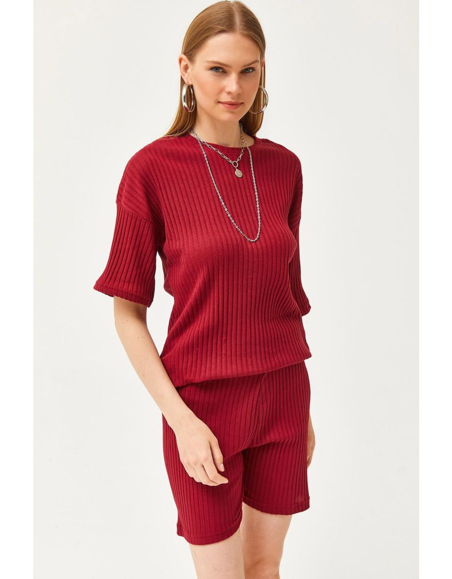 Women's Burgundy Bottom Short Tights Top Loose Blouse Set