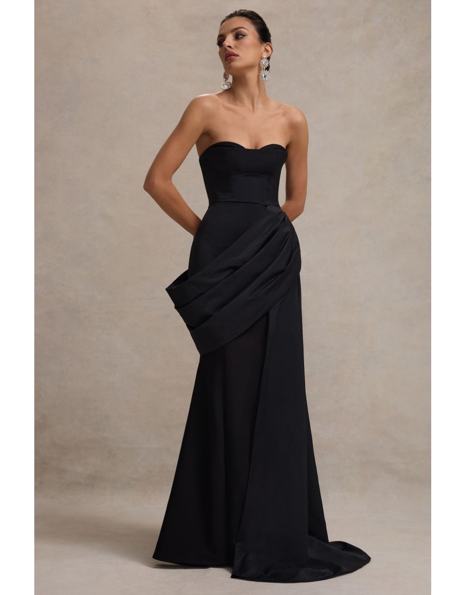 Fallen | Black Strapless Corset Maxi Dress With Drape
