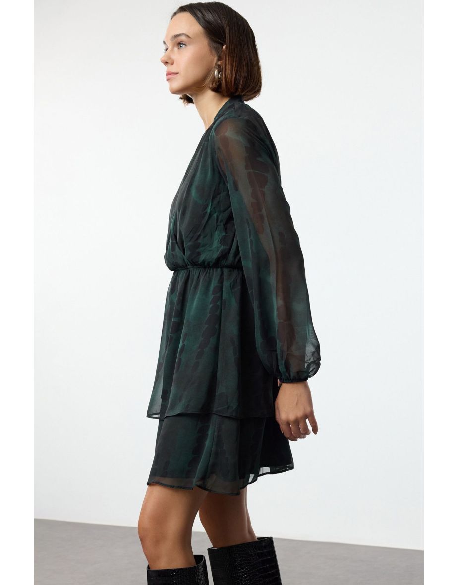 Green Abstract Pattern Double Breasted Skater Neck/Waist Drop Mini Lined Chiffon Woven Dress - 4
