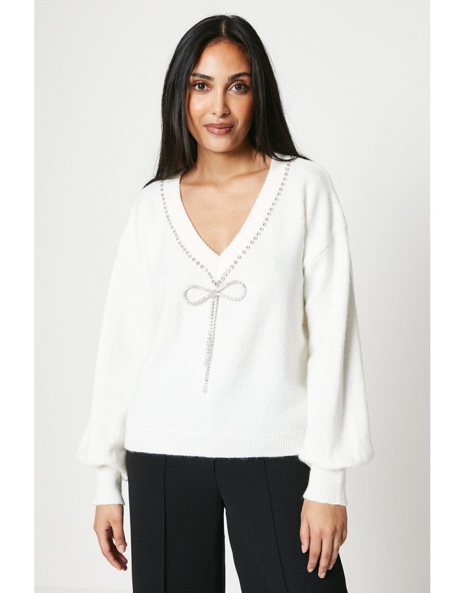 Shop Petite V Neck Diamante Bow Jumper Online in Oman VogaCloset