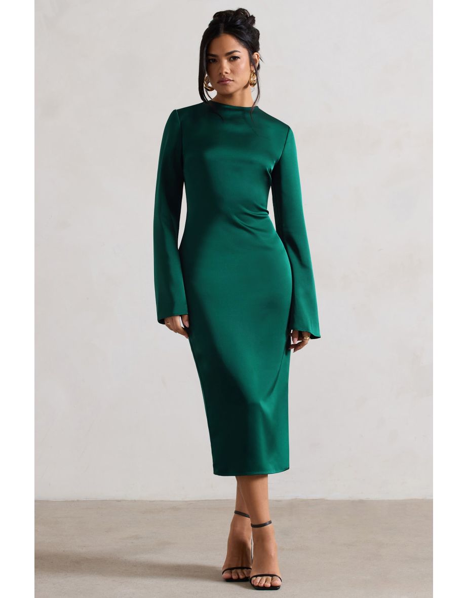 Zaina | Bottle Green Long Sleeve Dress with High Neckline