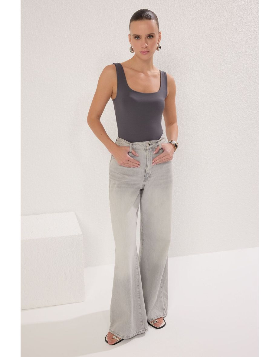 Anthracite Fitted/Fits on the Body with Back Detail Square Neck Snap Elastic Knitted Bodysuit