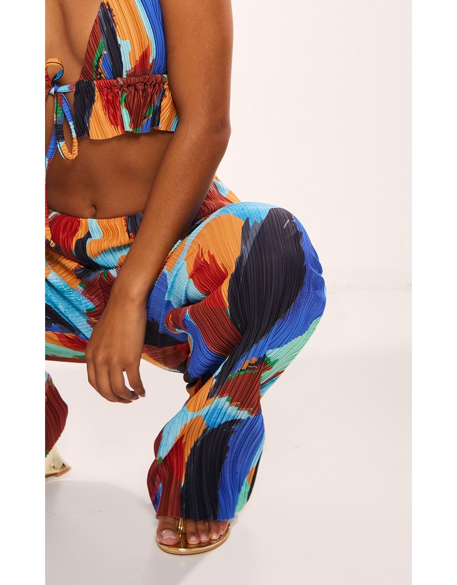 Blue Abstract Print Plisse High Waist Wide Leg Trousers - 3