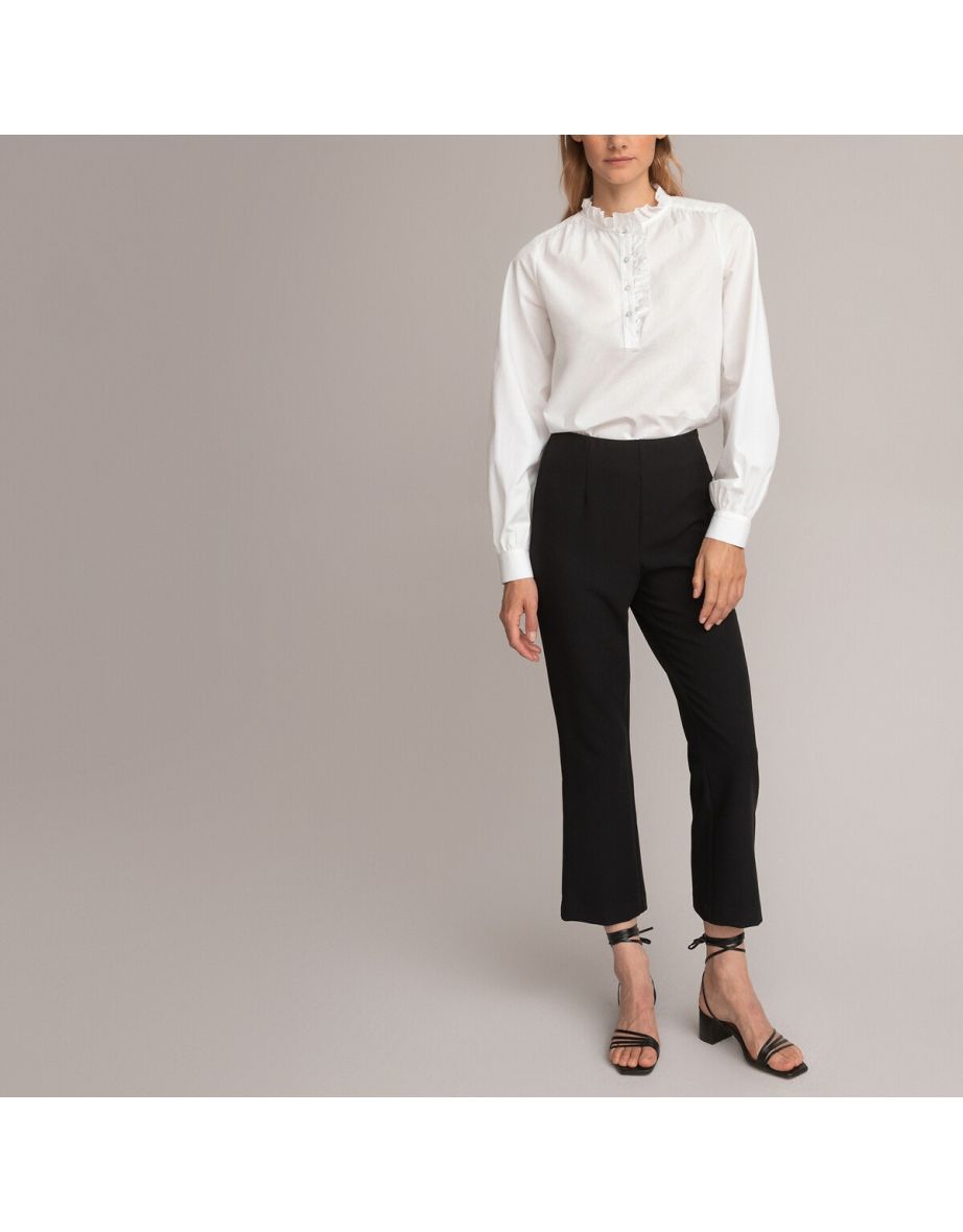 Cotton Victorian Collar Blouse with Ruffles and Long Sleeves