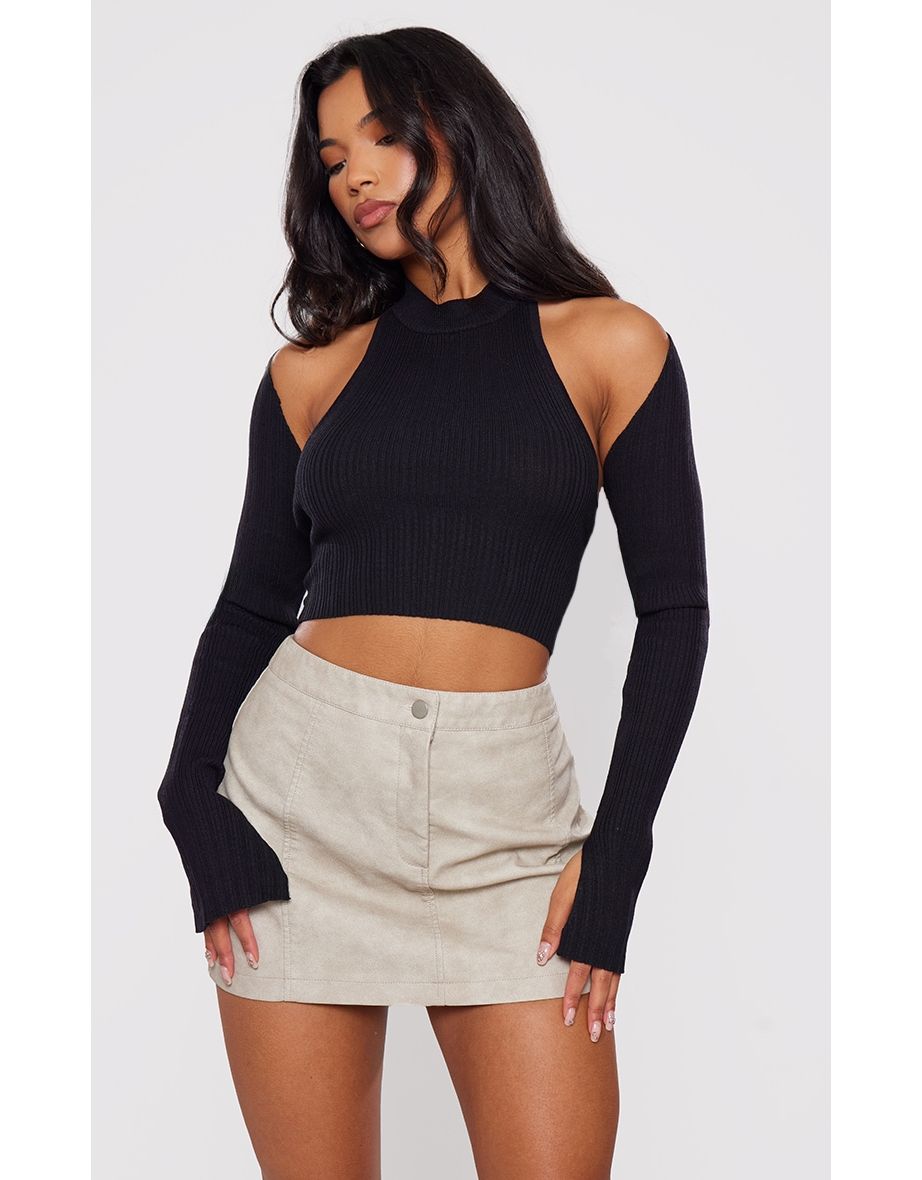 Black Rib Knit High Neck Crop Top With Sleeves