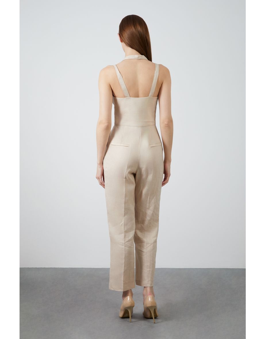 Beige Jumpsuit with Double Strap V-Neck - 3