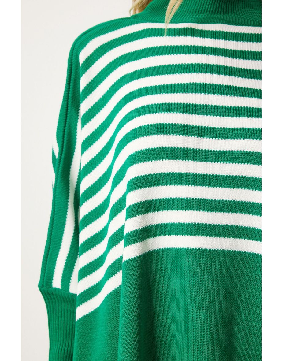 Women's Green Striped Side Slit Oversize Poncho Sweater - 6