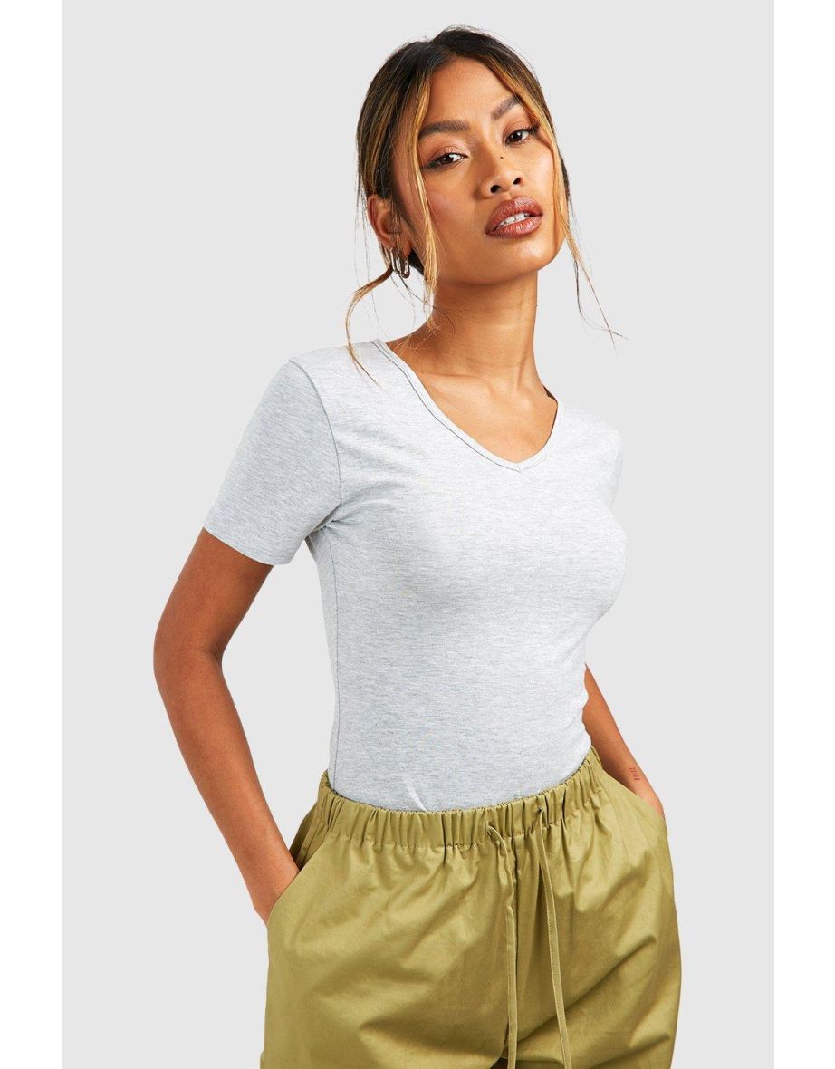 Basic Short Sleeve V Neck Bodysuit - grey marl
