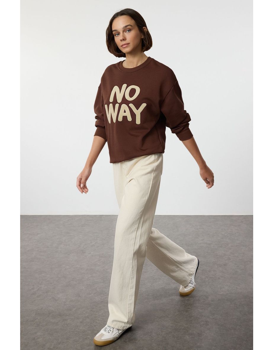 Brown Slogan Embroidered Regular/Normal Fit Crew Neck Thick Knitted Sweatshirt