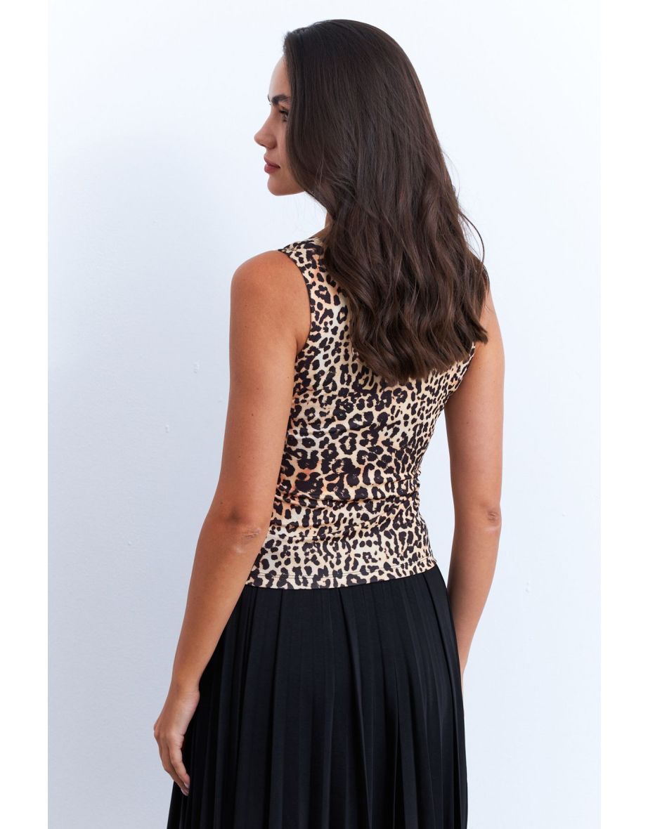 Women's Camel-Black Square Neck Leopard Blouse - 5