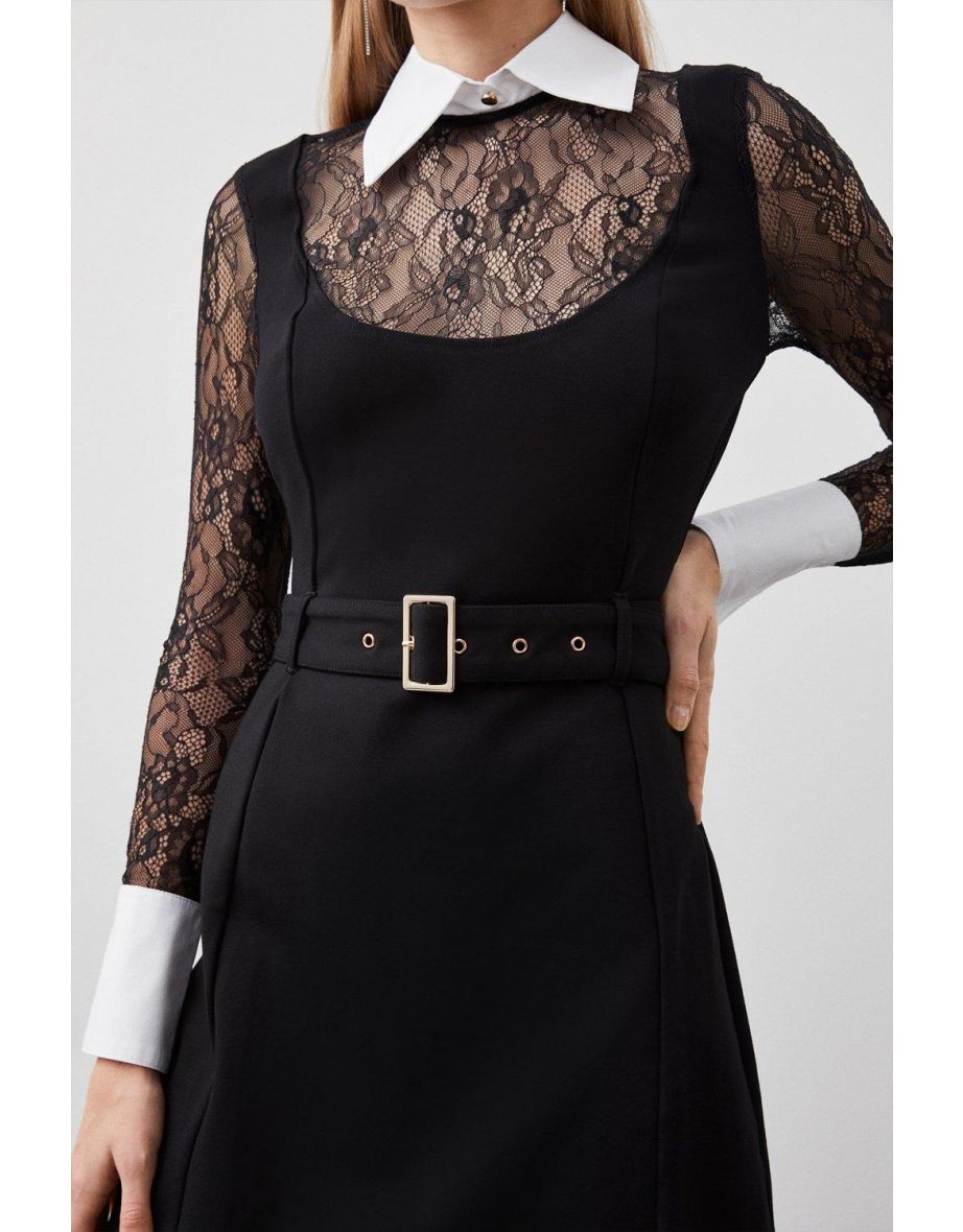 Black Tall A-Line Mini Skater Dress with Long Sleeve - 2