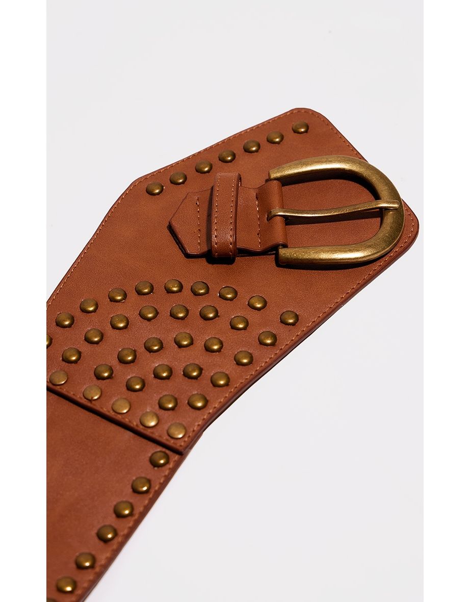 Brown PU Studded Detail Western Belt - 2