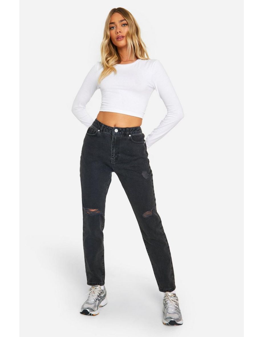 Basics High Waisted Ripped Mom Jeans - washed black
