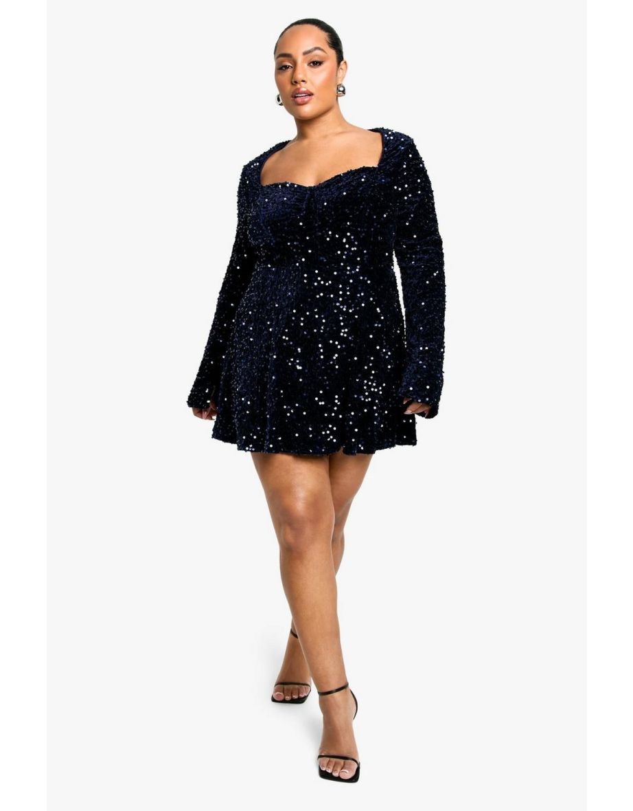 Plus Sequin Velvet Sweetheart Skater Dress - navy