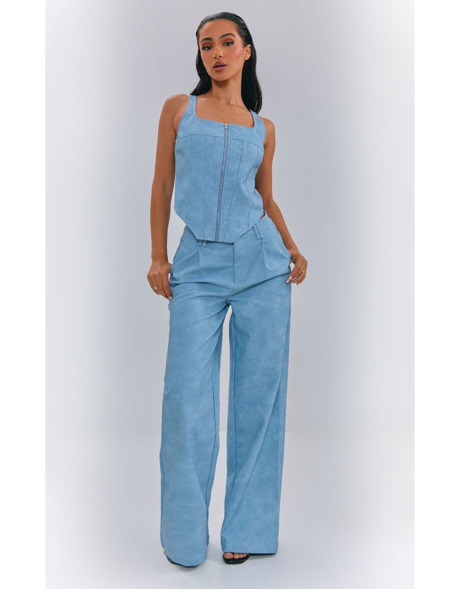 Petite Washed Blue Faux Leather Straight Leg Trousers