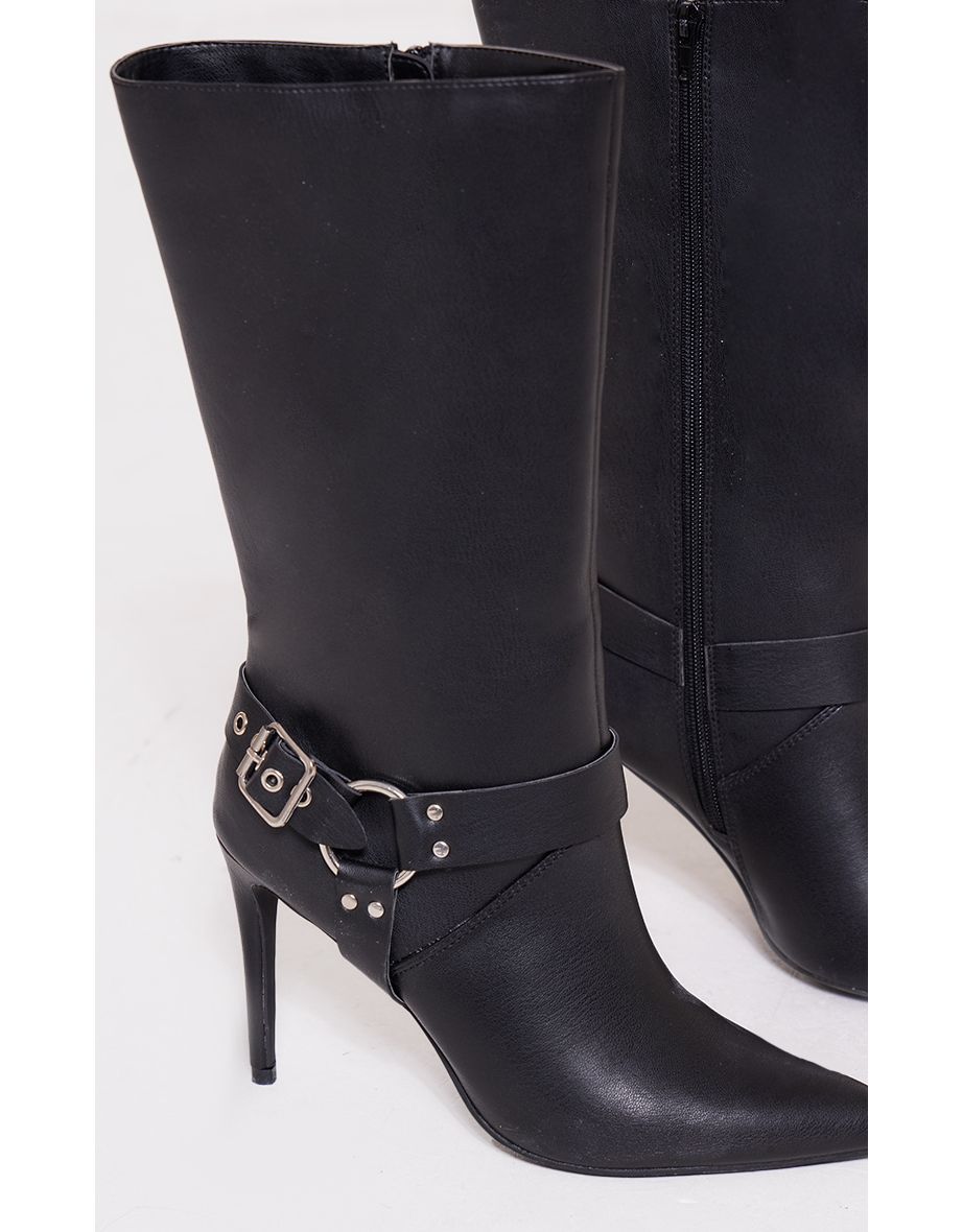 Black Faux Leather Ring Buckle Detail Tall Knee High Heeled Boots - 3