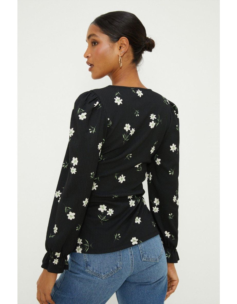 Floral Shirred Cuff Textured Long Sleeve Top - 2