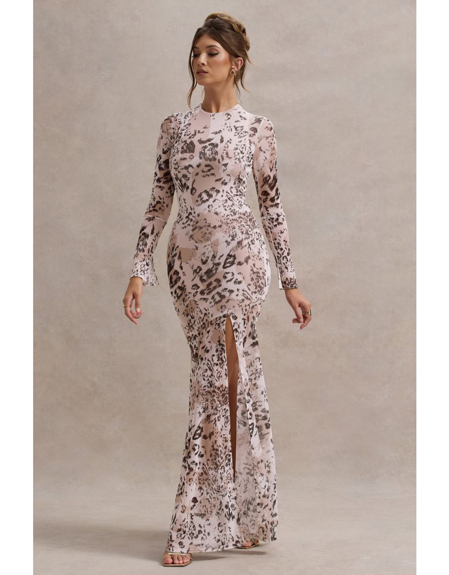 Tigerlily | Leopard Print Mesh Long-Sleeve Open-Back Floor Length Dress - 4