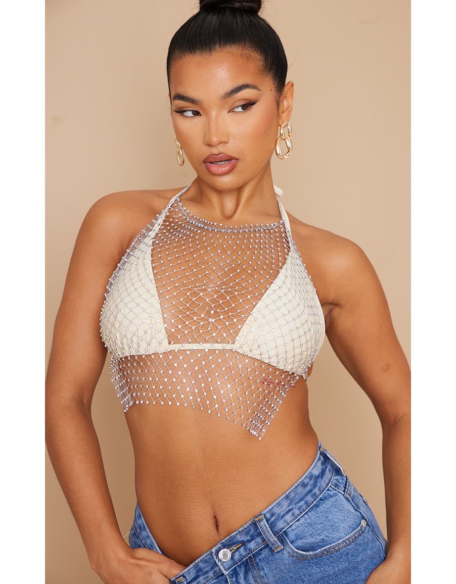 Silver Diamante Mesh Halter Neck Body Jewellery