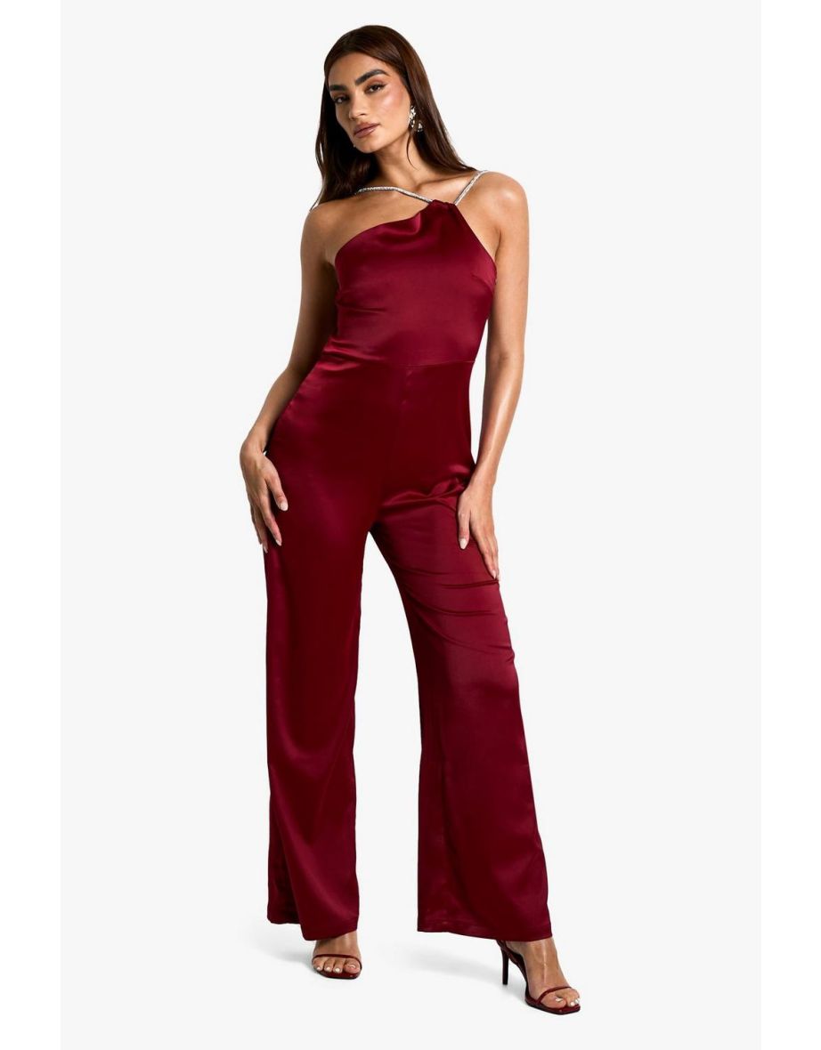 One Shoulder Diamante Strap Wide Leg Jumpsuit - berry