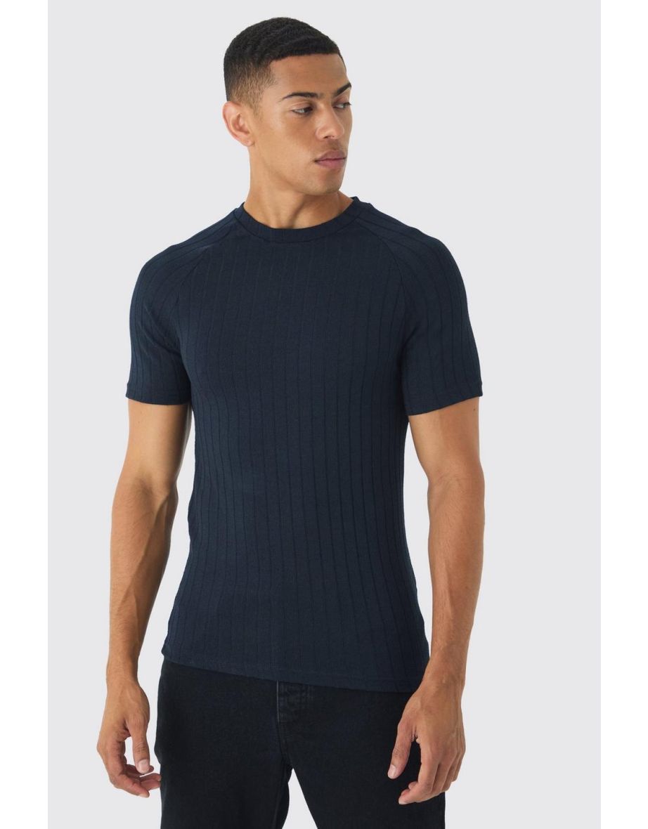 Muscle Fit Raglan Chunky Rib Athlete T-Shirt - navy