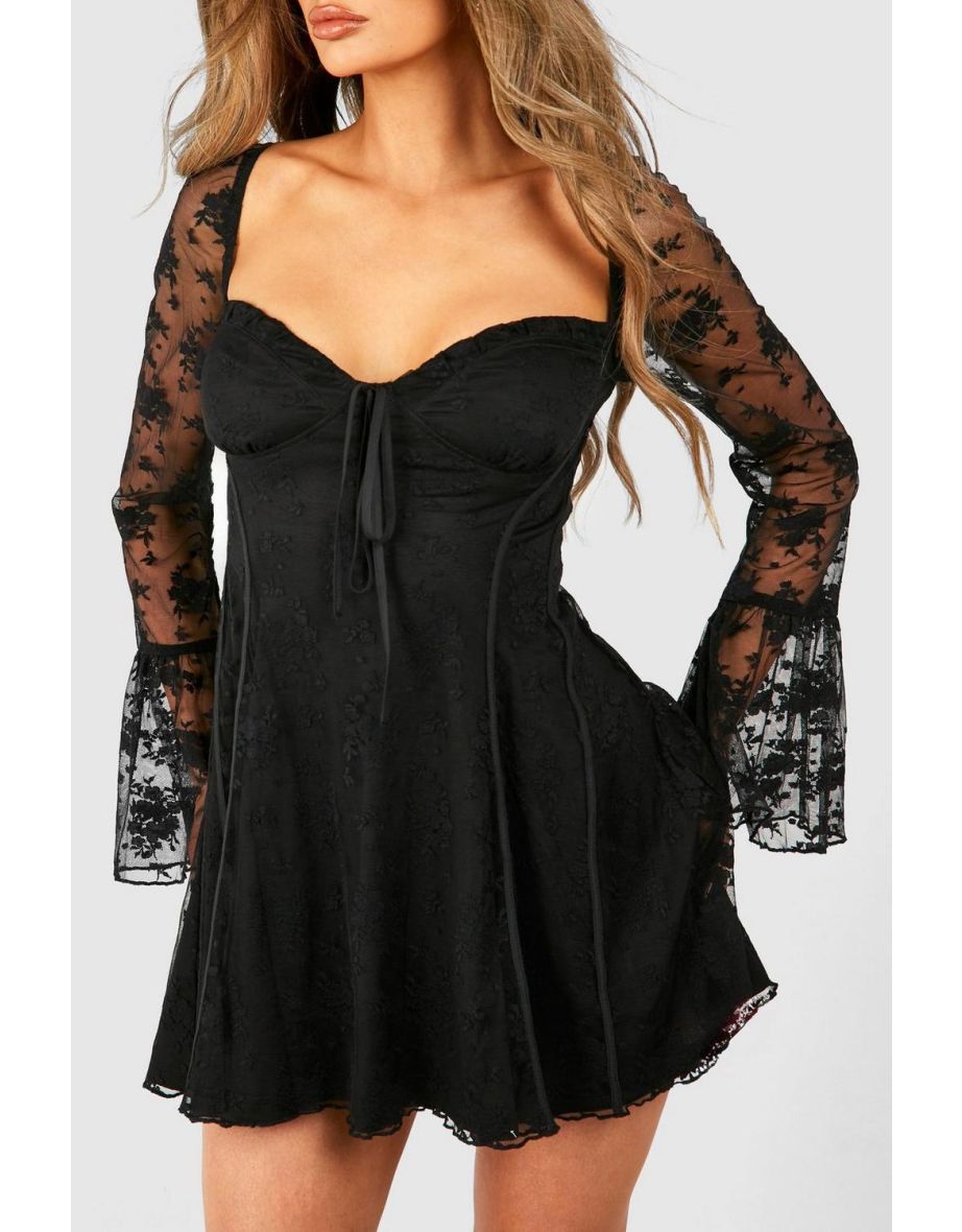 Lace Baby Doll Flare Sleeve Mini Dress - black - 3