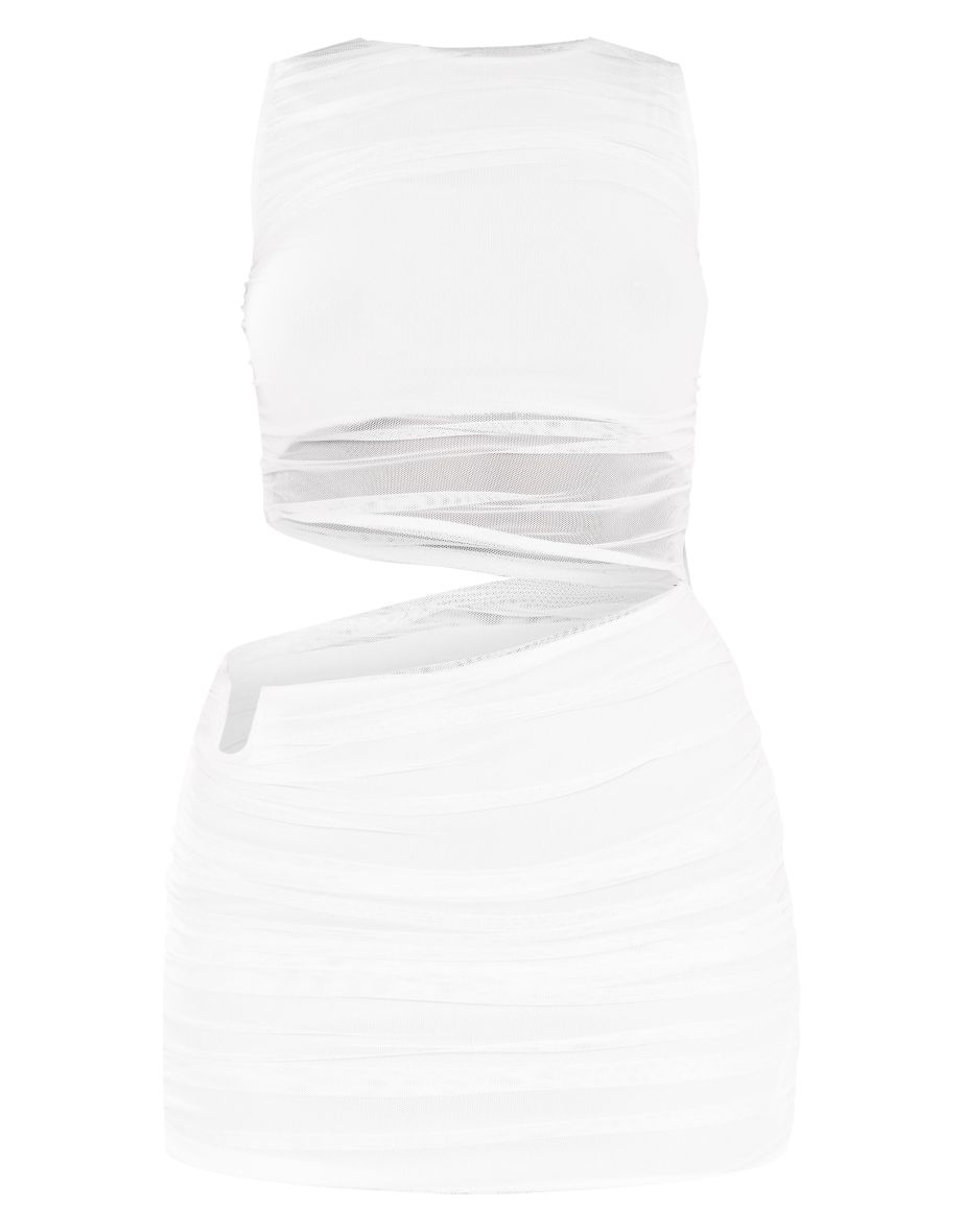 Cream Mesh High Neck Cut Out Mini Dress - 4