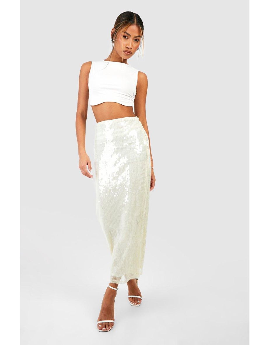 Tall Champagne Sheer Sequin Crop Top, Tall
