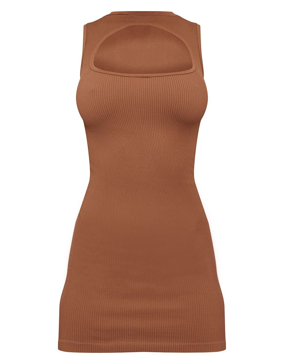 Mocha Structured Contour Rib Cut Out High Neck Bodycon Dress - 4