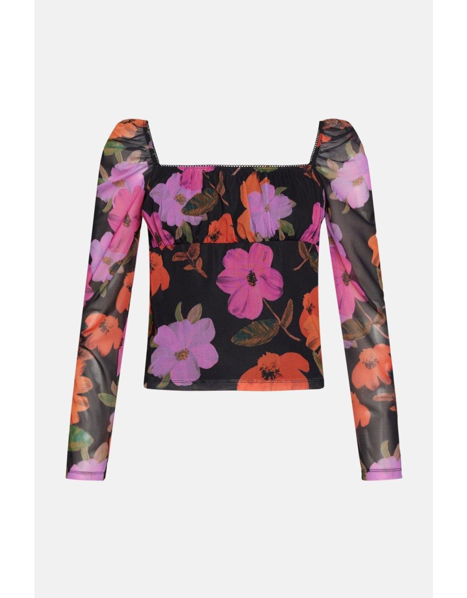Square Neck Lace Trim Printed Mesh Top - 3