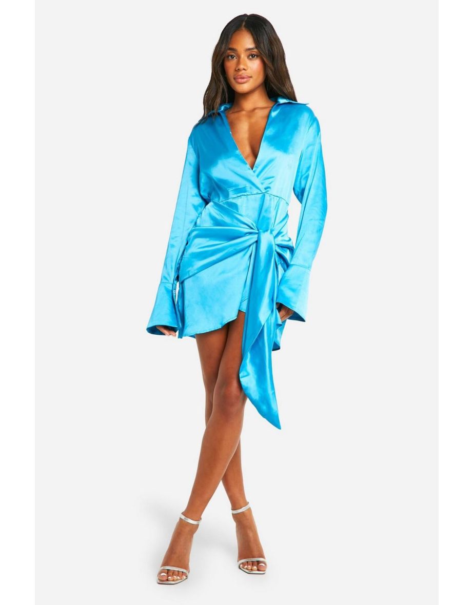 Satin Wrap Skirt Shirt Dress - turquoise