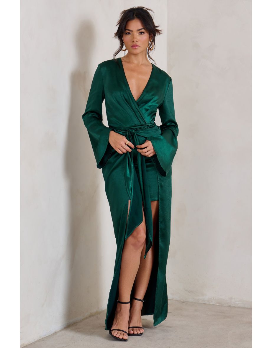 Patricia | Green Extreme Plunge Long Sleeve Maxi Dress With Tie Detail - 4