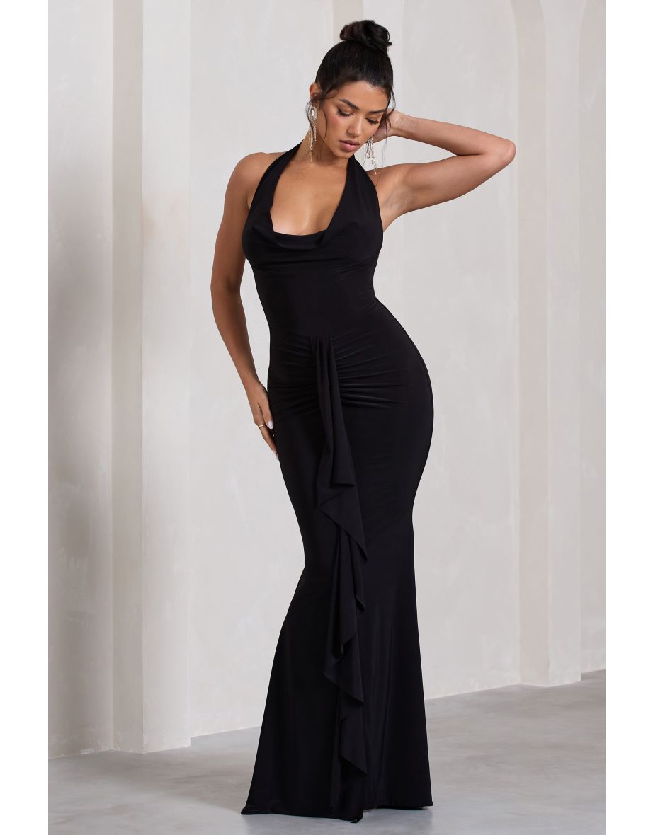 Kaia | Black Ruched Cowl-Neck Maxi Dress With Drape - 4