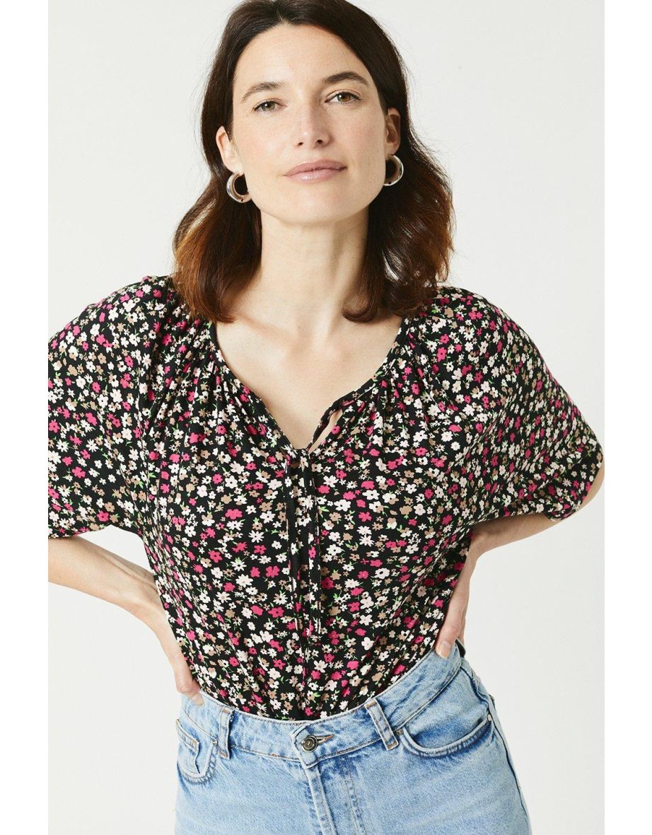 Angel Sleeve Tie Neck Top - black
