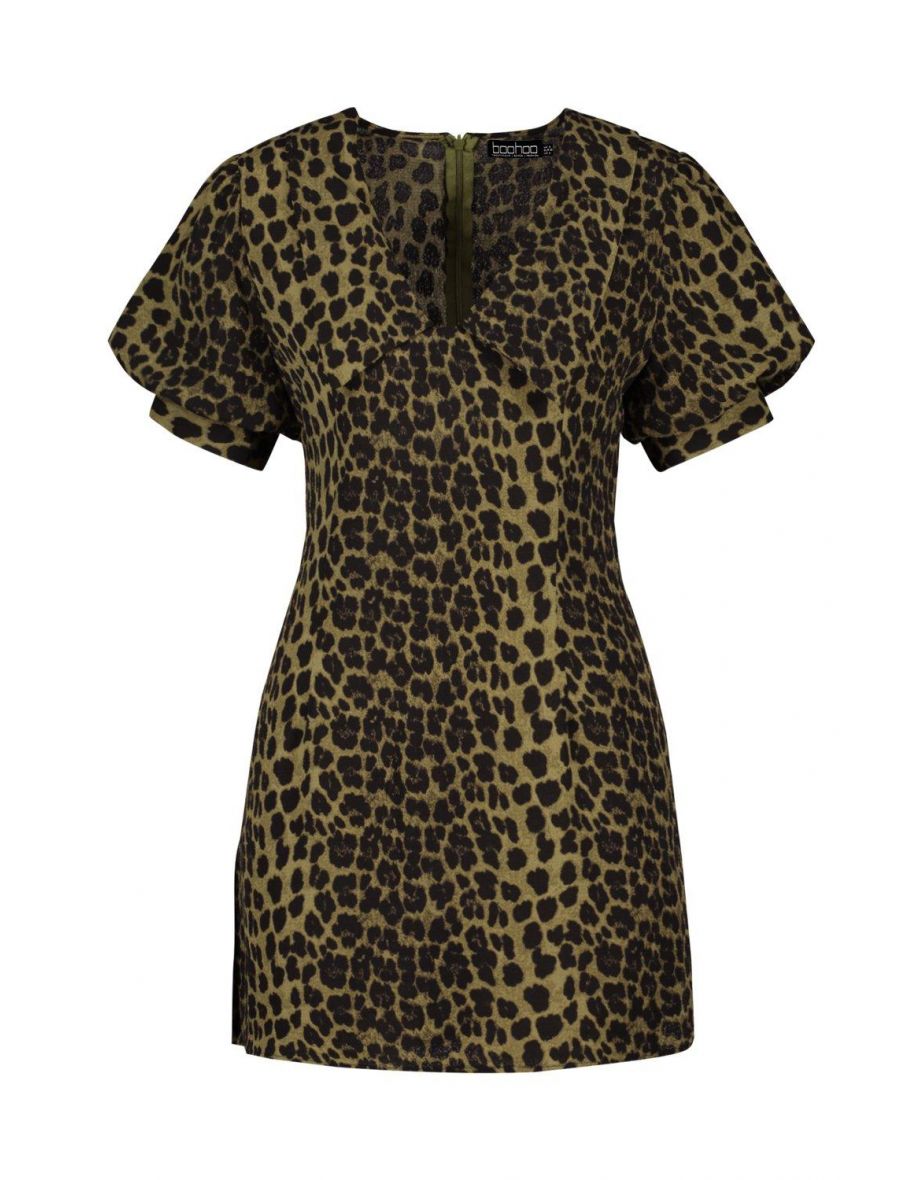 Leopard Print Plunge Puff Sleeve Shift Dress - khaki - 3