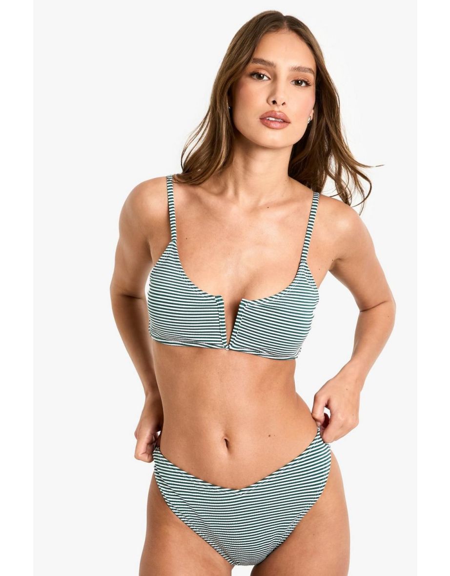 Seersucker Stripe V Front Bikini Set - green