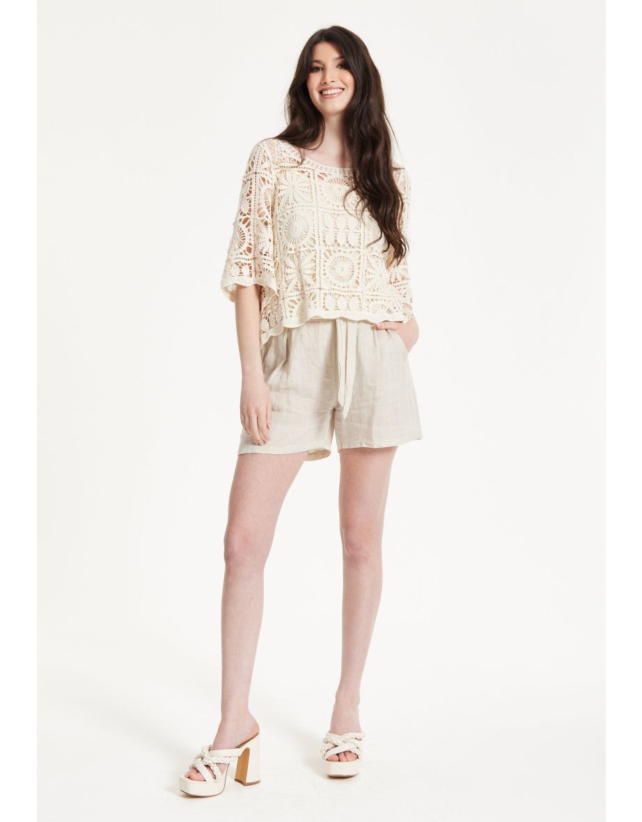 Beige Linen Tie Waist Shorts