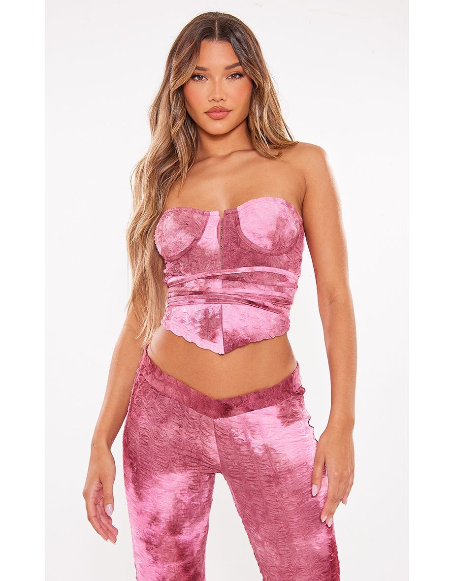 Pink Printed Textured Mesh Hook And Eye Bandeau Halterneck Corset