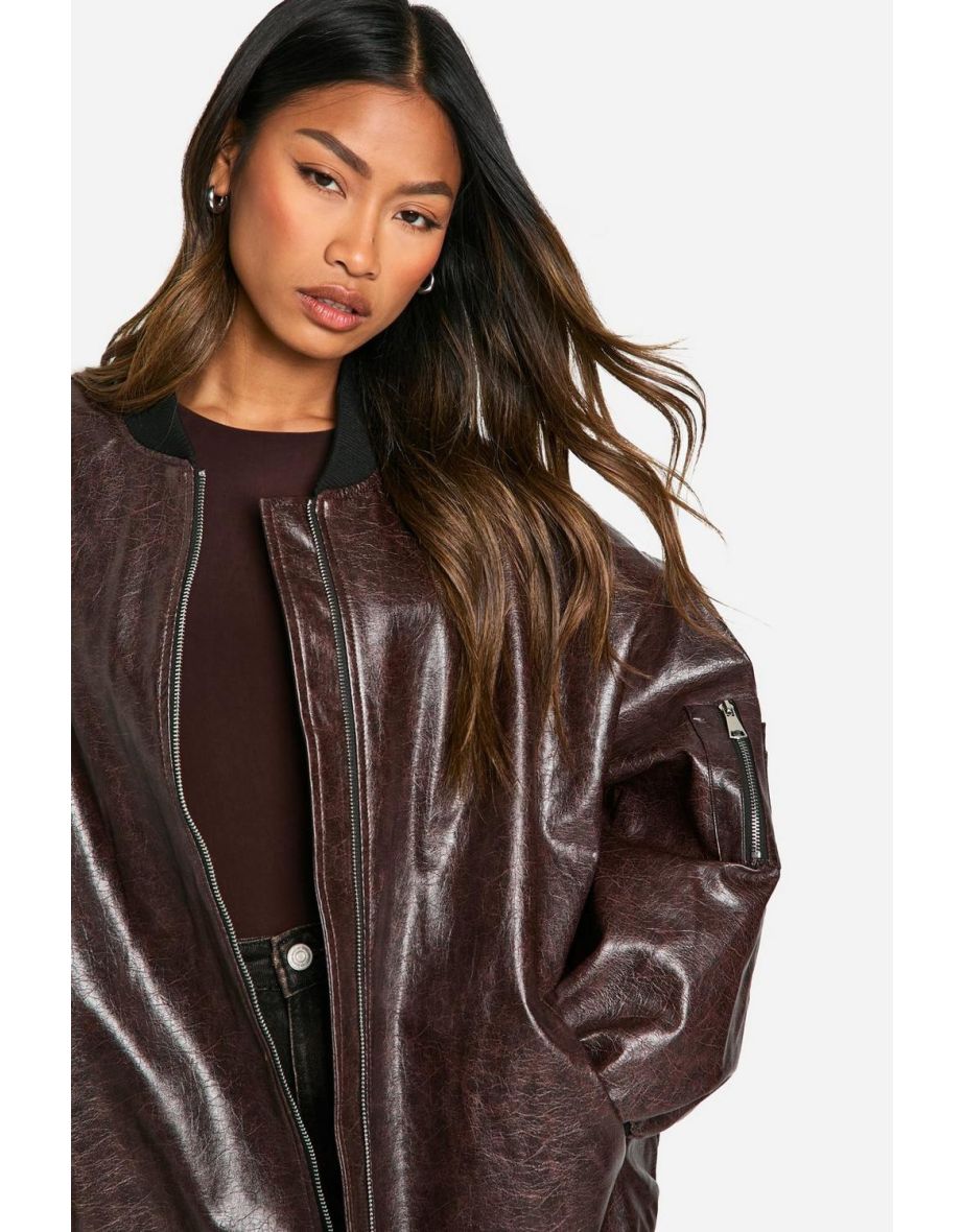 Cracked Faux Leather Oversized Bomber Jacket - burgundy - 3