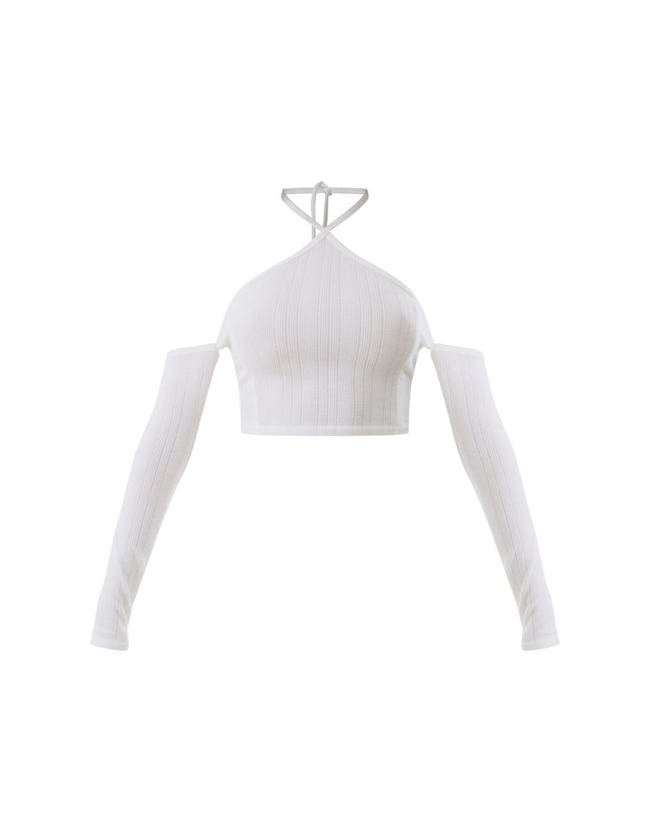 White Textured Halterneck Cold Shoulder Crop Top - 4