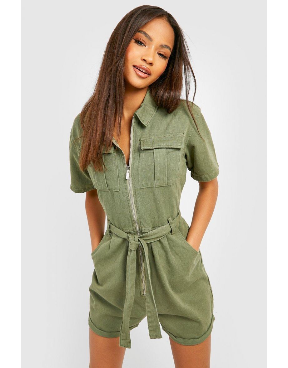 Belted Cargo Denim Playsuit - khaki