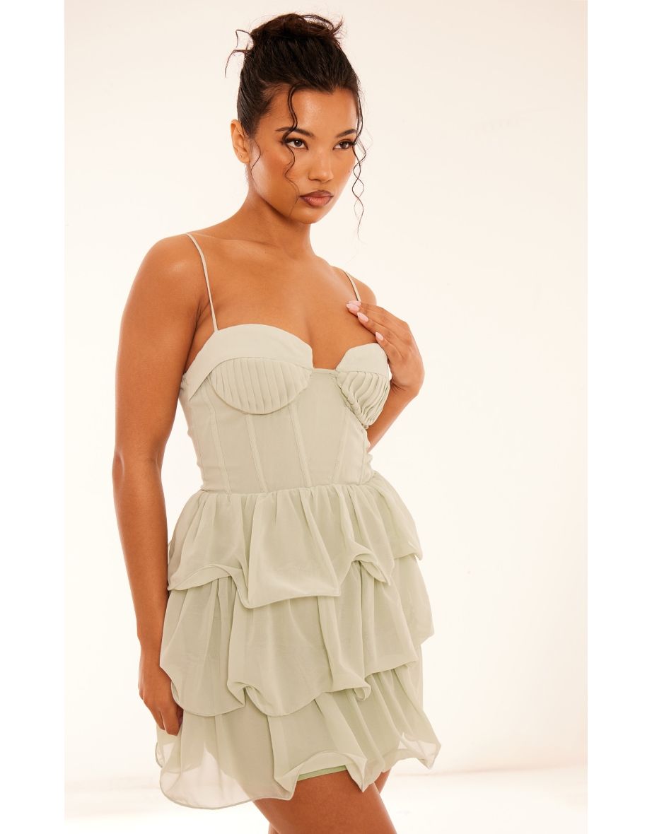 Sage Green Chiffon Pleat Cup Detail Frill Shift Dress